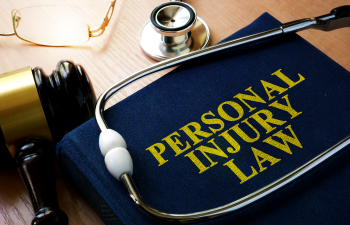 A book titled "Personal Injury Law," a gavel, a stethoscope, and eyeglasses are arranged on a wooden surface.