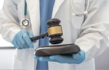 A person in a lab coat and gloves holds a gavel and base.