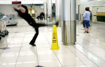 Person slipping near a yellow "Wet Floor" caution sign in a tiled hallway, with other people in the background.