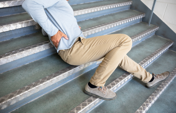 Person sitting on stairs holding lower back, appearing in discomfort.