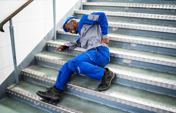 Worker in a blue uniform and helmet lying on stairs, holding his lower back in pain, possibly after a fall.