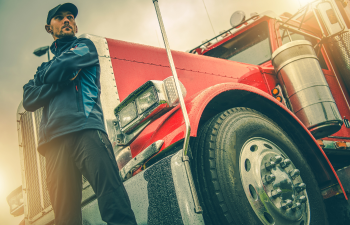 A man in a cap and jacket stands confidently with arms crossed in front of a large red semi-truck, viewed from a low angle.